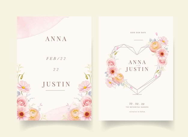 Wedding invitation with watercolor pink roses and ranunculus flower