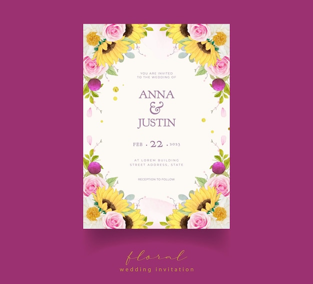 Wedding invitation with watercolor pink roses and sunflower