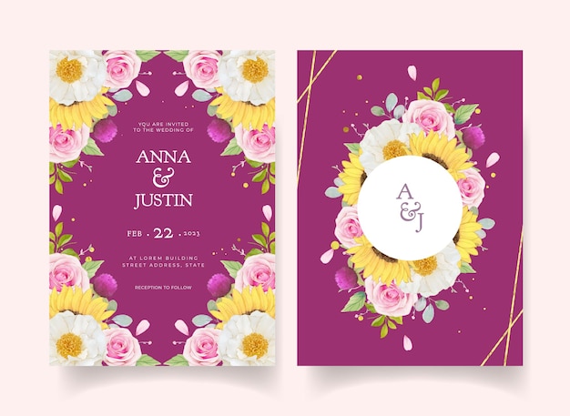 Wedding invitation with watercolor pink roses and sunflower