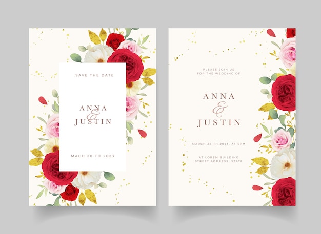 Wedding invitation with watercolor pink white and red roses