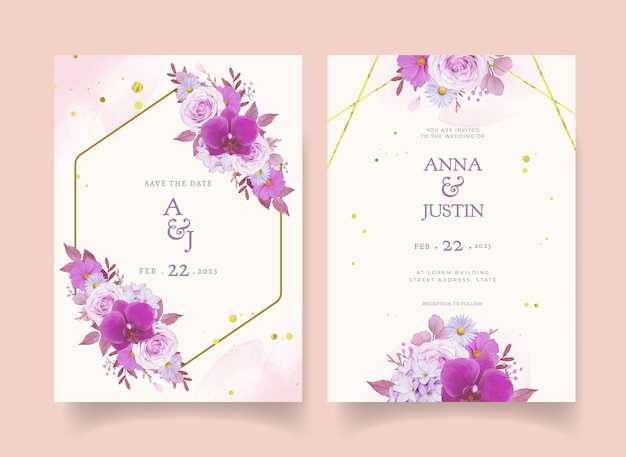 Free vector wedding invitation with watercolor purple rose and orchid