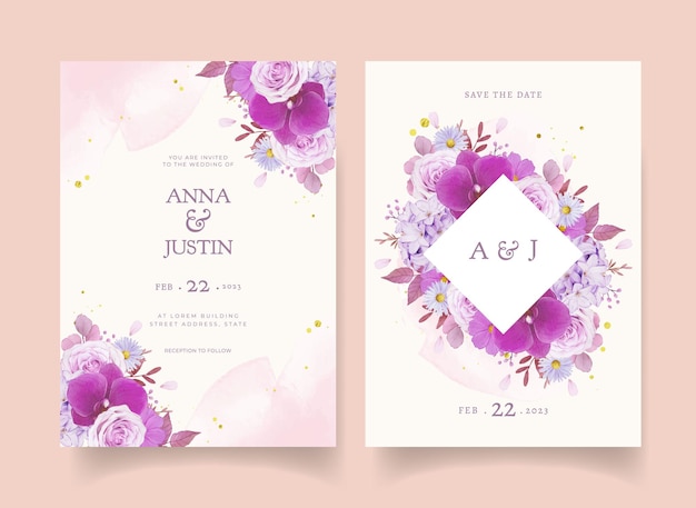 Free vector wedding invitation with watercolor purple rose and orchid