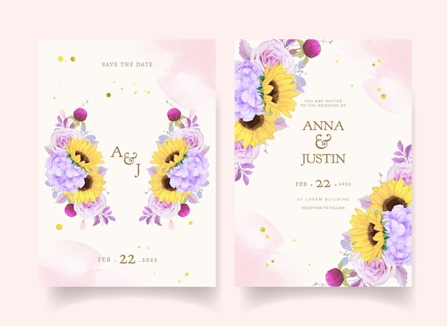 Wedding invitation with watercolor purple rose and sunflower