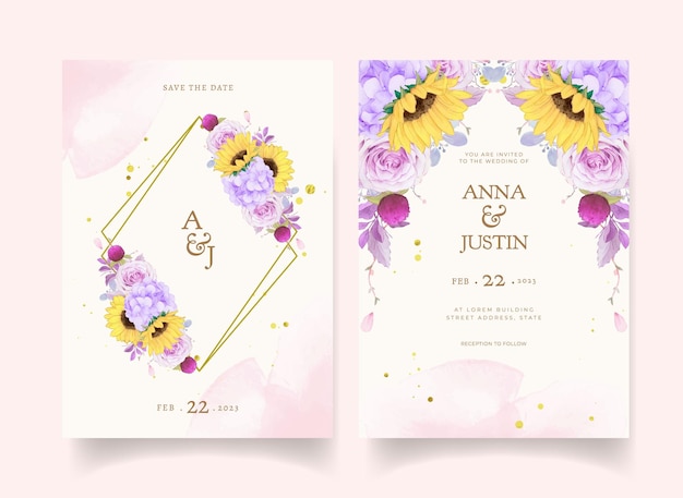 Wedding invitation with watercolor purple rose and sunflower