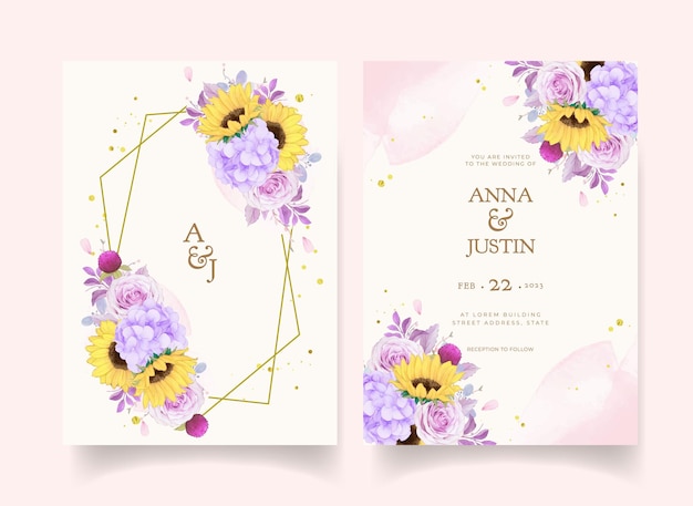 Wedding invitation with watercolor purple rose and sunflower