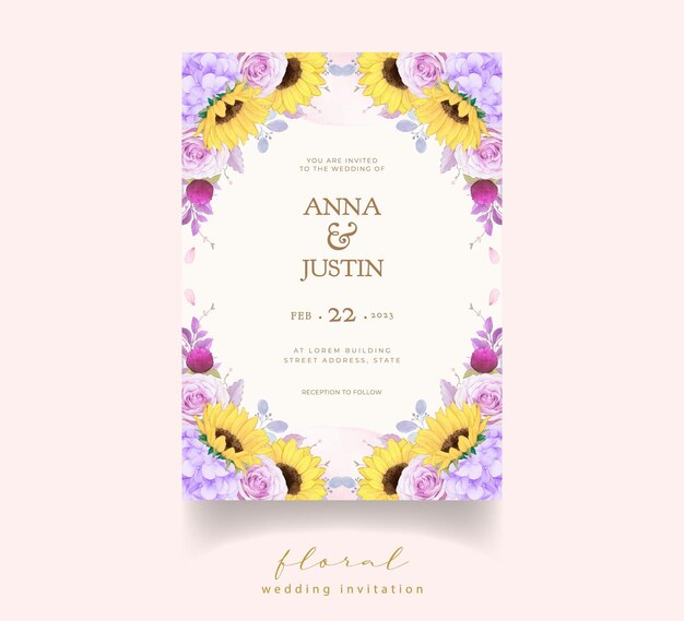 Wedding invitation with watercolor purple rose and sunflower