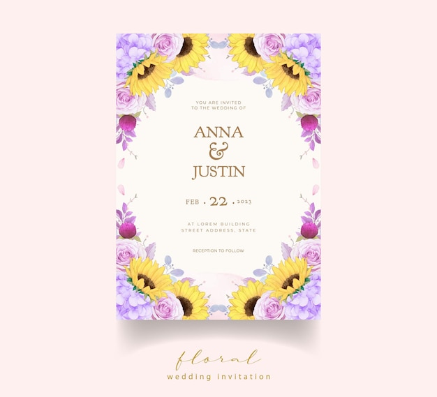 Wedding invitation with watercolor purple rose and sunflower