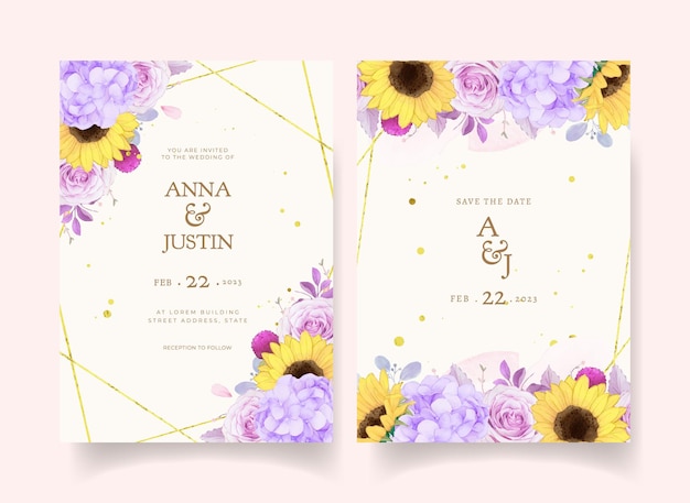 Wedding invitation with watercolor purple rose and sunflower