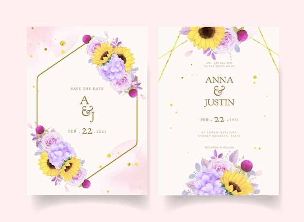 Wedding invitation with watercolor purple rose and sunflower