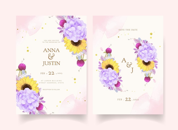 Wedding invitation with watercolor purple rose and sunflower