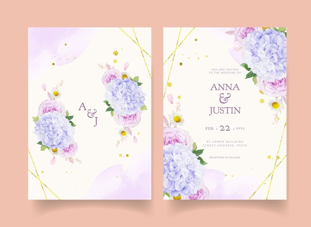 Wedding invitation with watercolor purple roses dahlia and hydrangea flower