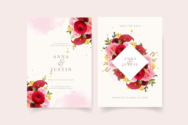 Wedding invitation with watercolor red rose  lily  and ranunculus flower