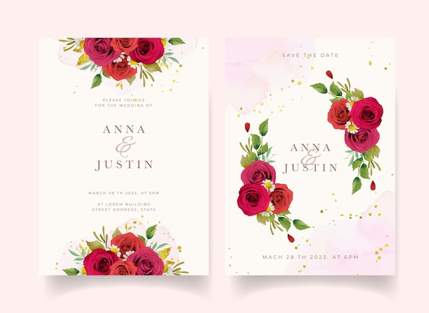 Wedding invitation with watercolor red roses