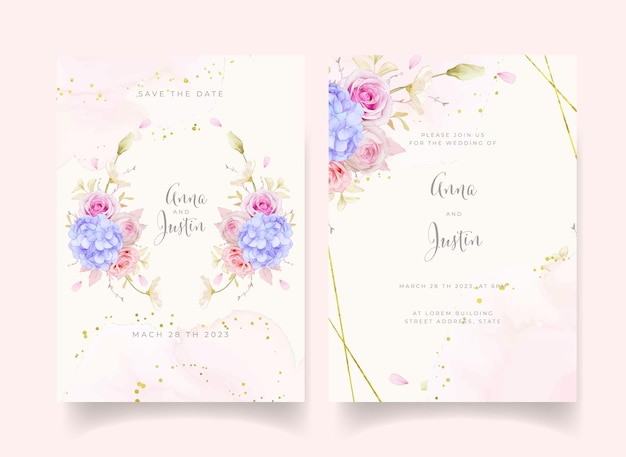 Wedding invitation with watercolor roses and blue hydrangea flower