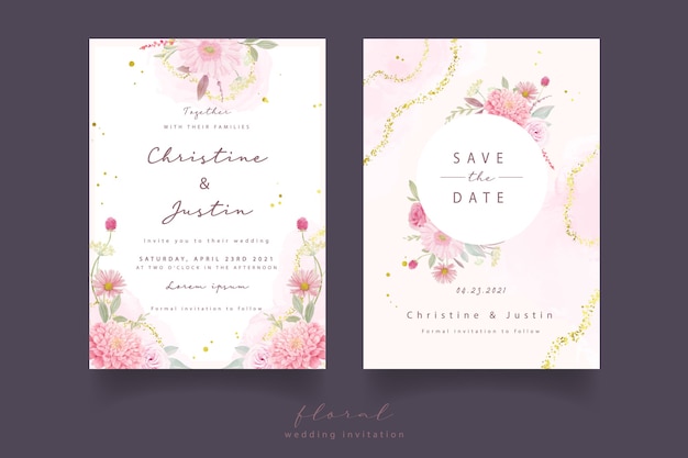 Wedding invitation with watercolor roses, dahlia and gerbera flowers