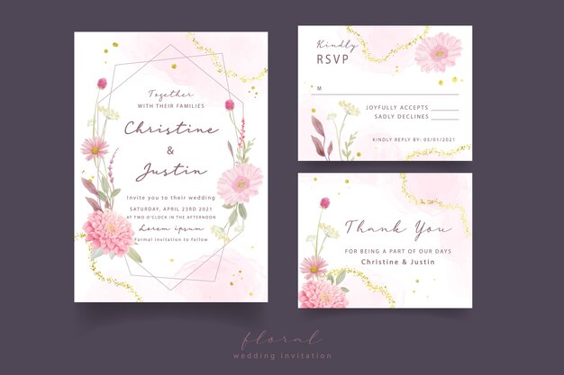 Wedding invitation with watercolor roses, dahlia and gerbera flowers