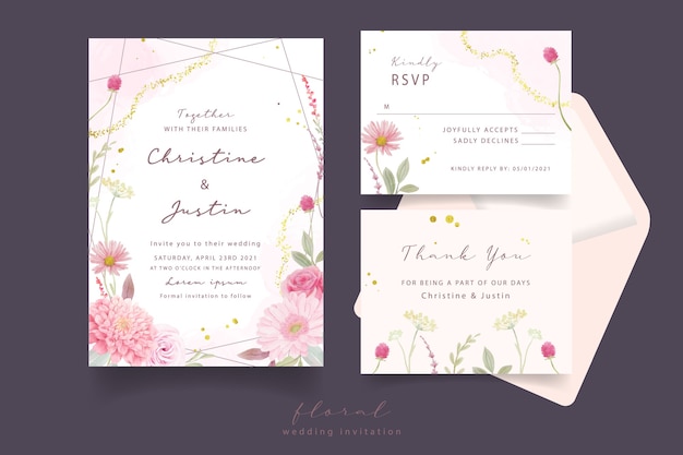 Wedding invitation with watercolor roses, dahlia and gerbera flowers