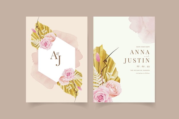 Wedding invitation with  watercolor roses and dried palm