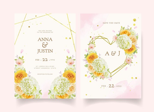 Wedding invitation with watercolor roses and hydrangea