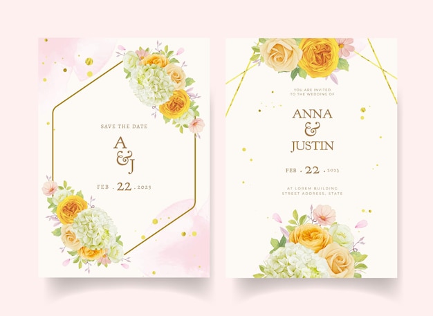 Wedding invitation with watercolor roses and hydrangea