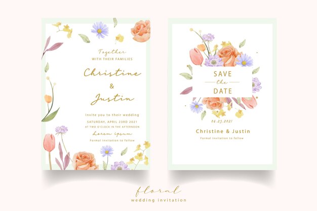 Wedding invitation with watercolor roses, tulips and scabiosa flowers