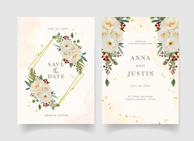 Wedding invitation with watercolor white rose and peony flower