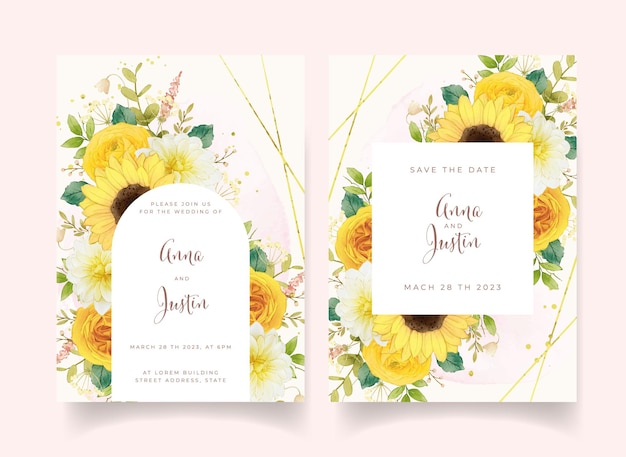 Wedding invitation with watercolor yellow flowers