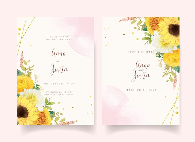 Wedding invitation with watercolor yellow flowers