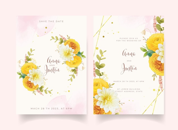 Wedding invitation with watercolor yellow flowers