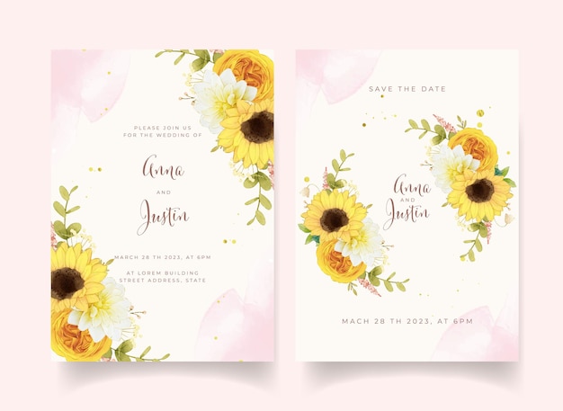 Wedding invitation with watercolor yellow flowers