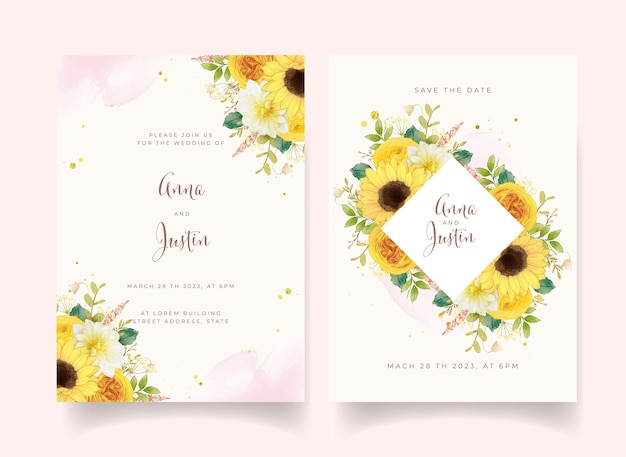 Wedding invitation with watercolor yellow flowers