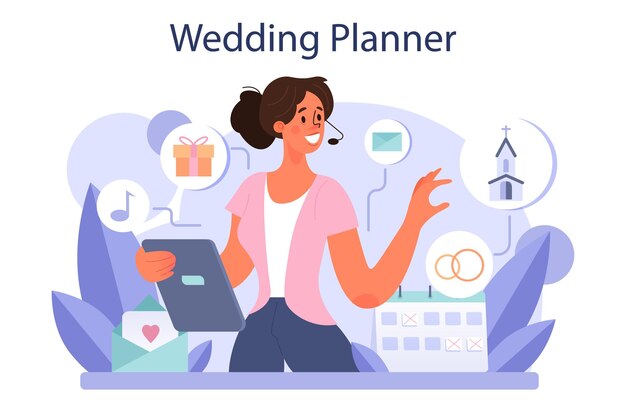 Wedding planner concept Professional organizer planning wedding event Bride and fiance mariage coordination Flat vector illustration