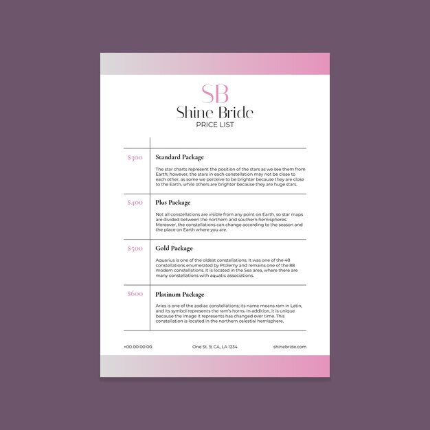 Wedding planner  price list template design