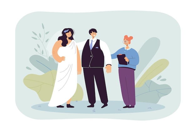 Free vector wedding planner standing next to bride and groom. man in suit and woman in dress getting married flat vector illustration. family, marriage concept for banner, website design or landing web page