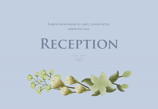 Wedding reception card template with snowdrops and lily on blue background. 