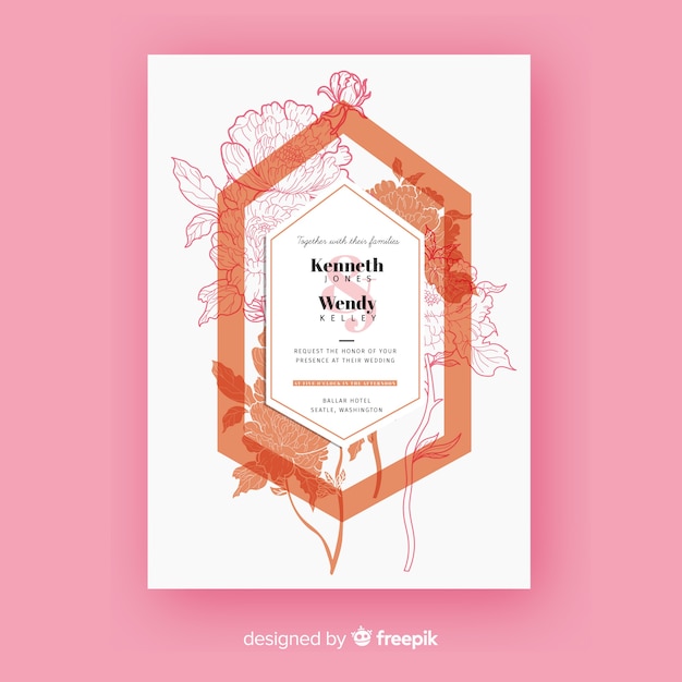 Free Vector wedding template with peony flowers design