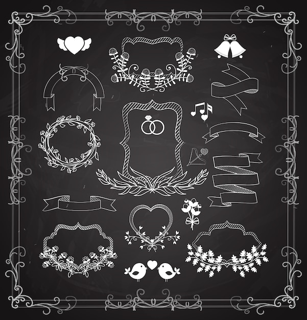 Wedding vector graphic set with wreaths  frames and ribbons  hearts  bells and birds as design elements for greeting cards and invitations in white on black