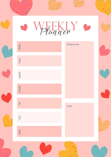 Free vector weekly planner with a cute hearts design