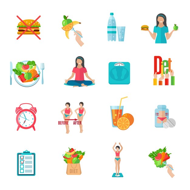 Weight loss healthy diet plan flat icons set 