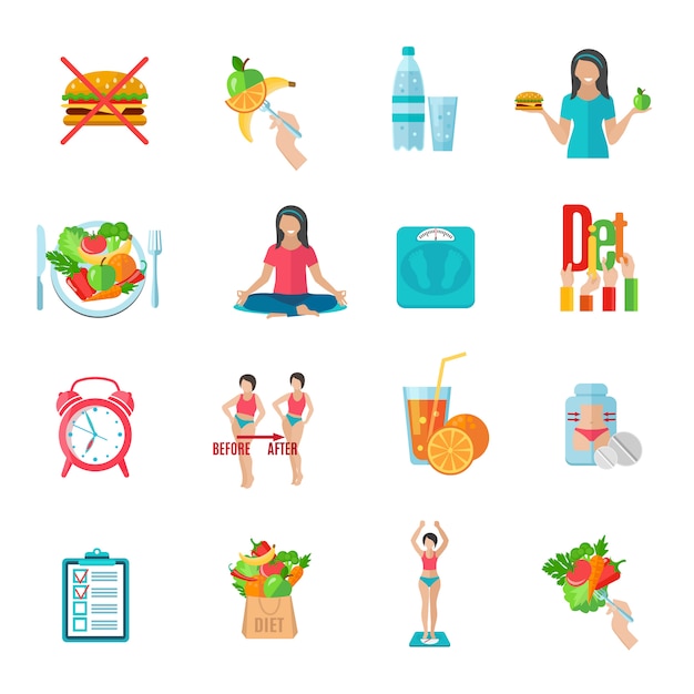 Weight loss healthy diet plan flat icons set 