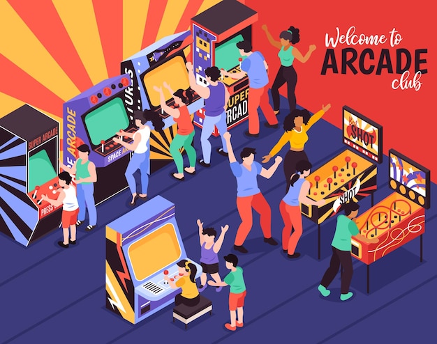 Welcome to arcade club colored composition with parents and their children using game machines for playing