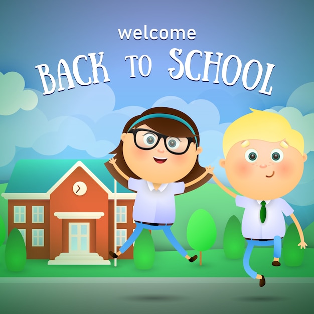 Free vector welcome back to school lettering, cheerful boy and girl