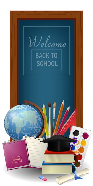 Welcome back to school lettering in frame, globe and supplies