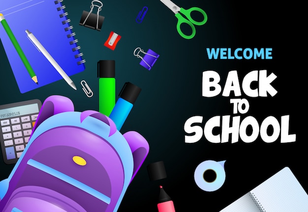 Free Vector welcome back to school lettering, notebook, calculator