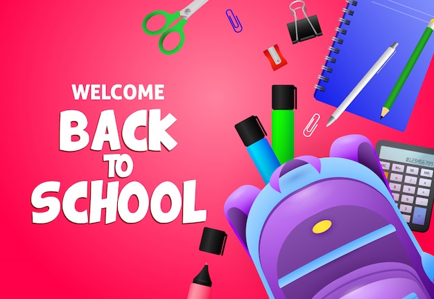 Free Vector welcome back to school lettering with backpack and stationery