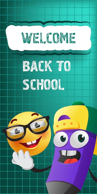 Free vector welcome back to school lettering with cartoon pencil and emoji