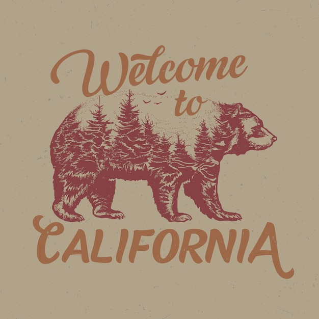 Free Vector welcome to california t-shirt label design with illustration of bear silhouette.