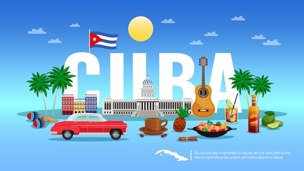 Welcome to Cuba illustration with resort and holiday elements flat vector illustration