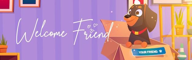 Free Vector welcome friend poster with dog in cardboard box