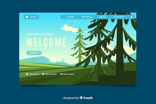 Free Vector welcome landing page template with landscape